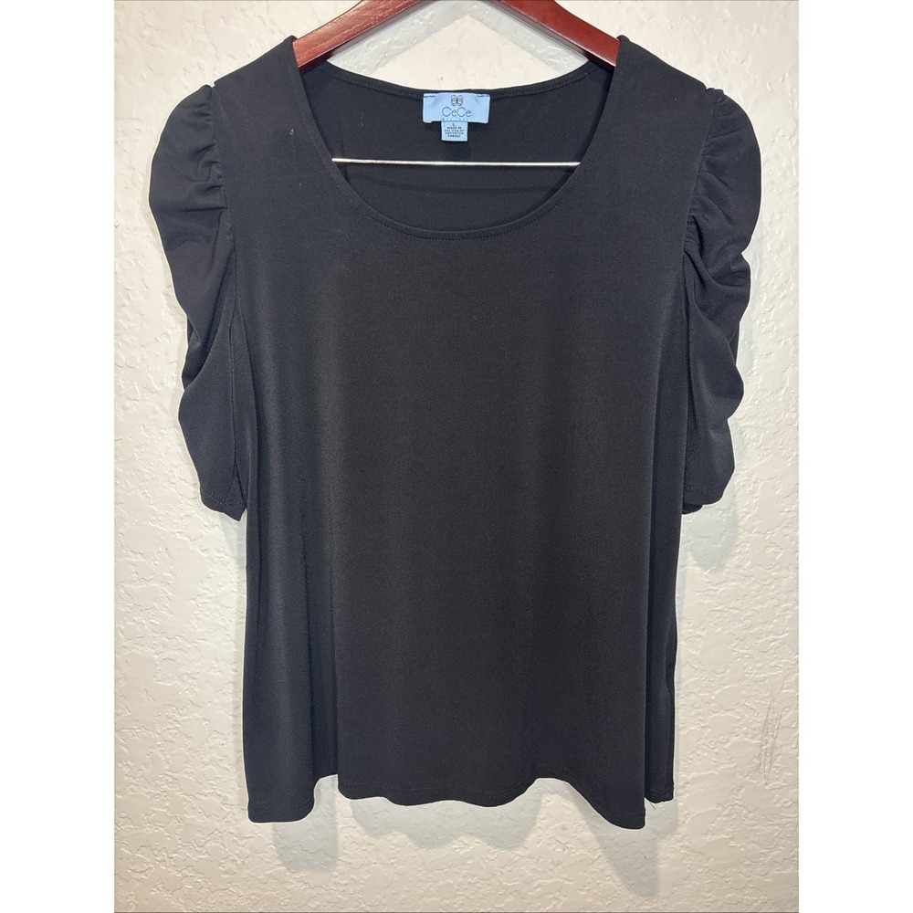 CeCe Women's Black Blouse Sz Lightweight‎ Short Puff Sleeve Stretch Comfy, Large